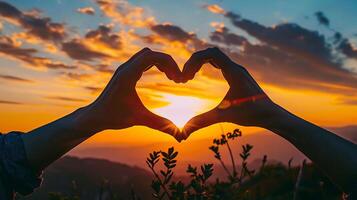 The person's hands are folded in the shape of heart and setting sun is in the center. Beautiful and romantic landscape photo