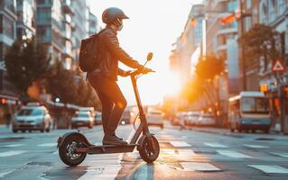 Person rides electric scooter around city. The concept of convenient movement around city photo