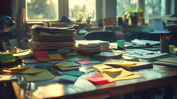 Busy workplace. A large amount of stationery, paper, documents, books and stickers lie on the table photo