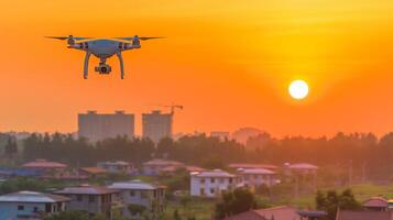 Drone with camera hovered in air against the backdrop of city. The city is visible from behind photo