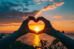 The person's hands are folded in the shape of heart and setting sun is in the center. Beautiful and romantic landscape photo