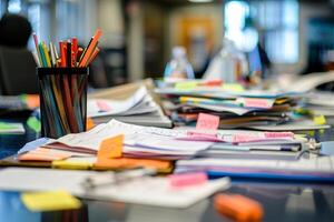Busy workplace. A large amount of stationery, paper, documents, books and stickers lie on the table photo