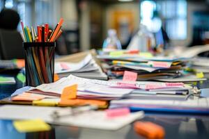 ocupado lugar de trabajo. un grande cantidad de papelería, papel, documentos, libros y pegatinas mentira en el mesa foto