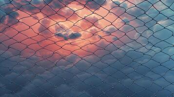 Old metal mesh against the background of sunset and clouds photo