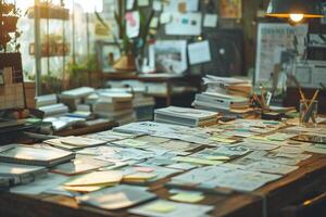 ocupado lugar de trabajo. un grande cantidad de papelería, papel, documentos, libros y pegatinas mentira en el mesa foto