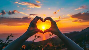 The person's hands are folded in the shape of heart and setting sun is in the center. Beautiful and romantic landscape photo