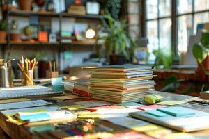 ocupado lugar de trabajo. un grande cantidad de papelería, papel, documentos, libros y pegatinas mentira en el mesa foto