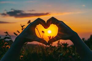 The person's hands are folded in the shape of heart and setting sun is in the center. Beautiful and romantic landscape photo