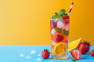 Cooling summer cocktails with berries and fruits on colored background photo