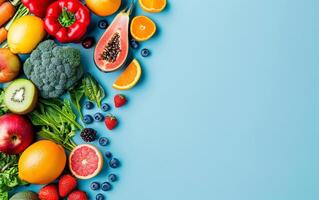 Healthy eating concept banner featuring fruits and vegetables. With copy space photo