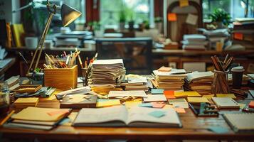 Busy workplace. A large amount of stationery, paper, documents, books and stickers lie on the table photo