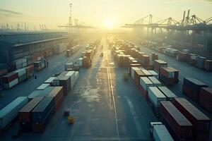 Top view of port where containers are being loaded onto trucks for delivery to sorting centers or warehouses. Logistics process concept photo