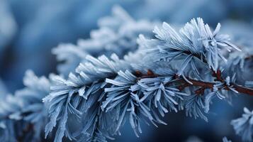 Close-up view of beautiful winter background with tree branches covered in frost photo