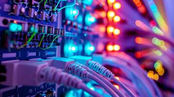 Patch panel with wires connected to it. Glowing indicators indicate the operation of the panel located in server rack. photo