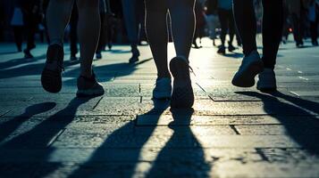 People's feet walking down the street. Only the legs are visible in the photo