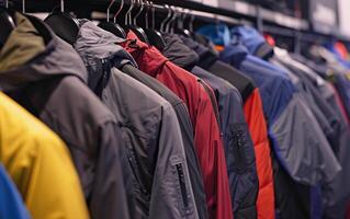 Close-up photo of rack of outerwear in store. Warm clothes on hangers