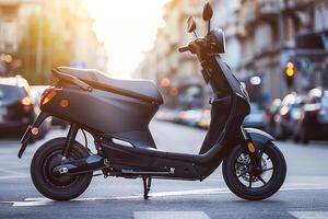 Black electric moped on city streets. Convenient and fast transport for moving around big city. photo