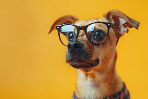 Cool golden-colored dog with sunglasses on background of yellow wall. photo