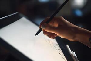 Digital artist holding the drawing pen and working with agraphics tablet. photo