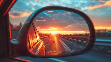 The setting sun on the side mirror of car. Beautiful landscape and road visible in the mirror photo