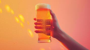 Person holds full glass of light beer with foam. Drinking alcohol and having fun photo