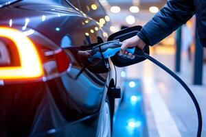 Close-up photo of person using a device to charge his electric car