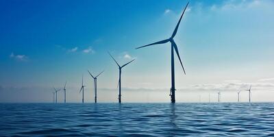 Huge windmills located in the water. The concept of generating electricity using wind. photo