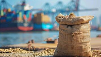 Photo of sack of grain standing on the shore of port. Close-up photo. Ship is visible on the background. Concept of food delivery by sea