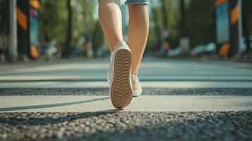 Woman's legs from behind. The person crosses the road at pedestrian crossing photo