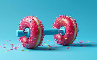 Exercise dumbbell made from glazed donuts. Concept of losing weight and doing sports photo