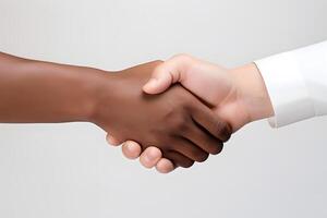 Close-up handshake between two races. No to racism photo