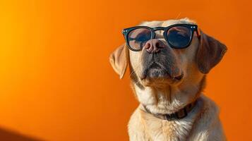 Cool golden-colored dog with sunglasses on background of yellow wall. photo