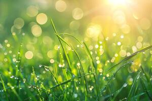 Close-up photo of grass in dew. Lots of sunlight, blades of grass and dew drops on the background with blur effect