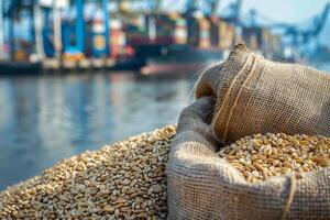 Photo of sack of grain standing on the shore of port. Close-up photo. Ship is visible on the background. Concept of food delivery by sea