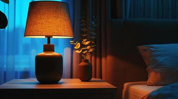 acogedor lámpara en pie en el cabecera mesa crea un agradable atmósfera en el habitación antes de cama. foto