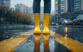 Person's feet are wearing yellow boots. There are large puddles on the city roads after heavy rain. Front photo of legs