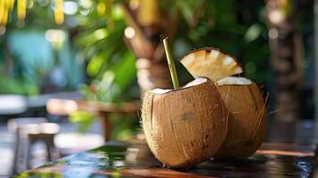 Coconut water served in a hollowed out coconut photo