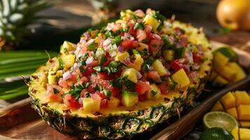 Pineapple boat filled with tropical fruit salsa photo