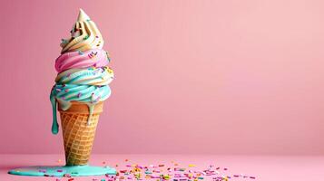 Ice cream cone dripping with refreshing flavors photo