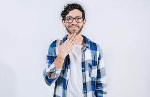 Person making THANK YOU gesture in sign language isolated. Man showing THANK YOU gesture in sign language photo