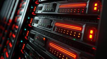 Row of network servers with glowing LED lights photo