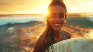 Sunset surfing joy - smiling young surfer woman with surfboard at beach photo