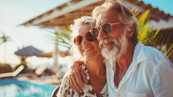 happy senior couple enjoying retirement vacation by the pool photo