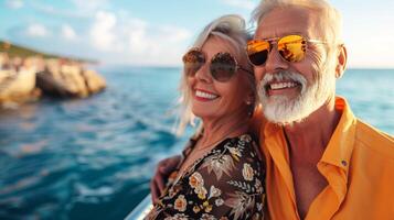 happy older retired couple enjoying vacation by the sea on a cruise photo