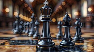 ajedrez piezas arreglado estratégicamente en un tablero foto
