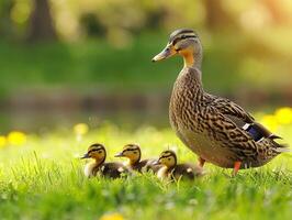 Mother duck on a walk with her three ducklings. Sunny day in nature. Aesthetic photo, close-up photo