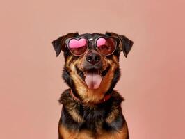 A beautiful dog with heart-shaped glasses sits on a beige background. Funny, close-up studio photo portrait