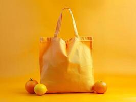 Yellow eco cotton shopping bag and fruits. Isolated on a yellow background. Studio shooting, mockup photo