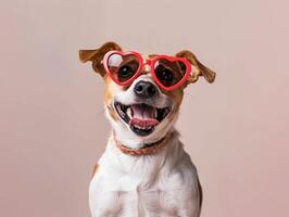 Funny, close-up studio photo portrait of beautiful happy dog in heart-shaped sunglasses