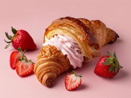 An appetizing crunchy croissant made from puff pastry with strawberry cream. Aesthetic studio macro photography photo